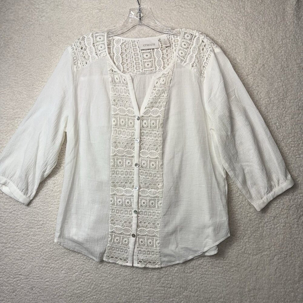 Chico's Blouse Women's Size 1 (8-10) White Boho Romantic V-Neck Lace Inserts